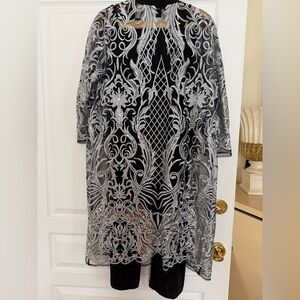 R & M Richards Black  Silver  Evening 3 Piece Pants Set Top WideLeg Pants Jacket